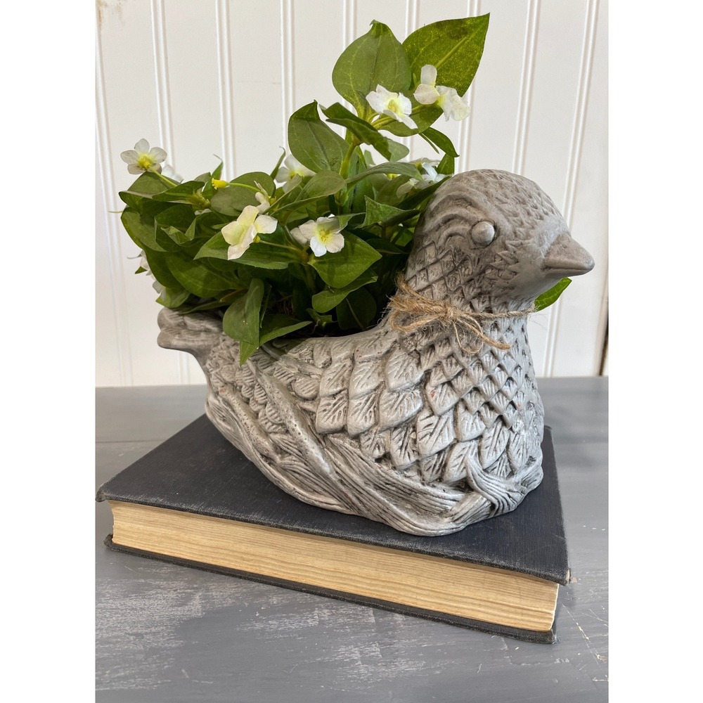 Rustic Gray Bird Planter Decorative‎ Textured Feather Bowl with Faux Flowers
